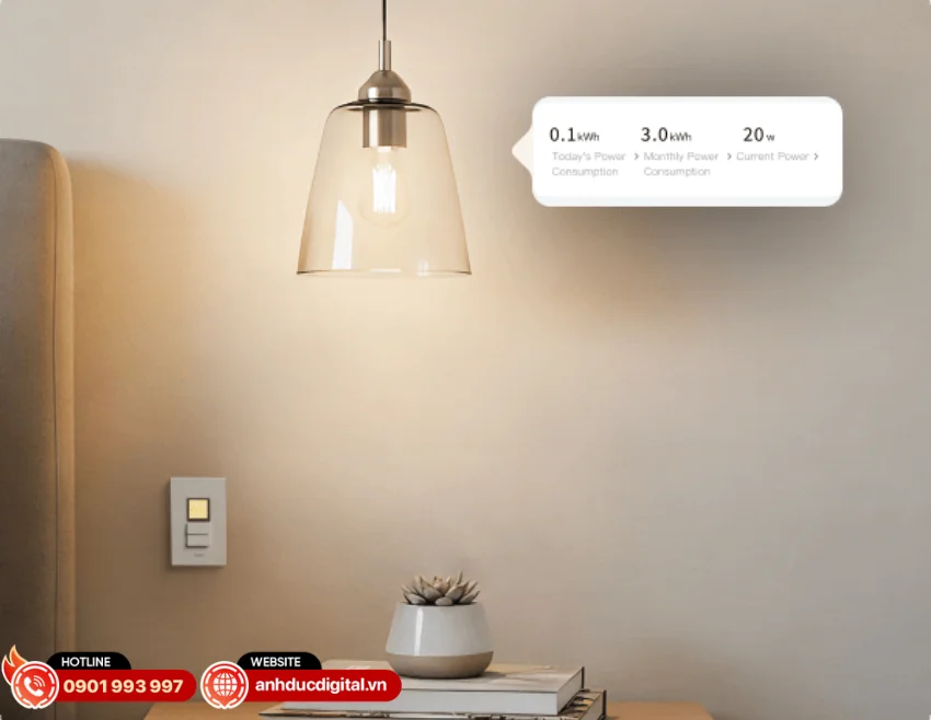 C&ocirc;ng tắc m&agrave;n h&igrave;nh Aqara S100 US WS-K06D cho ph&eacute;p theo d&otilde;i mức ti&ecirc;u thụ điện năng theo thời gian thực ngay tr&ecirc;n m&agrave;n h&igrave;nh