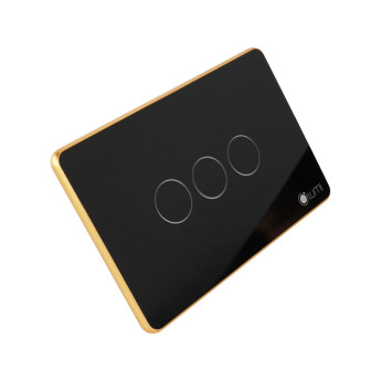 Công tắc 3 nút (2 chế độ) Lumi chữ nhật ngang kính phẳng viền bo cong vàng LM-S3B-Fy/CG/ND | Black