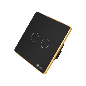 Công tắc công suất cao 2 nút (2 chế độ) Lumi chữ nhật ngang kính phẳng viền bo cong vàng LM-S2HB-Fy/CG/ND | Black
