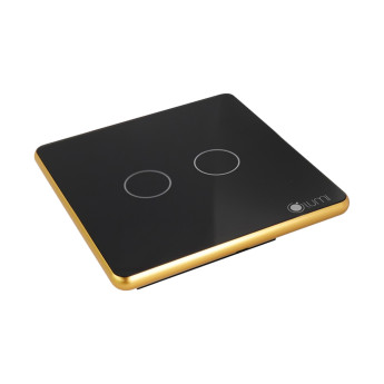 Công tắc cổng 2 nút Lumi chữ nhật ngang kính phẳng viền bo cong vàng LM-S2G-Fy/CG/ND | Black