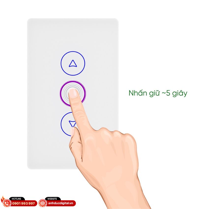 Nhấn giữ nút dừng 5s trên công tắc cửa cuốn Lumi