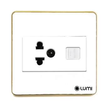Ổ cắm 1 hạt đơn 3 chấu + 1 hạt mạng Lumi chữ nhật dọc kính phẳng viền bo cong champagne LM-SK2i/CC/DT | White