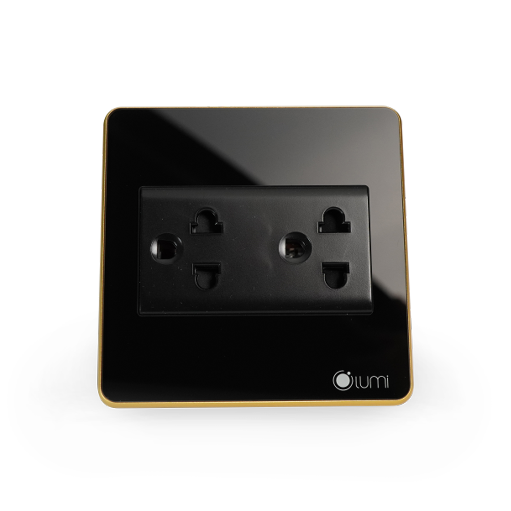 Ổ cắm đôi 3 chấu Lumi viền bo vàng black 3