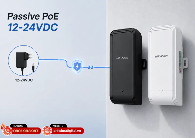 Hikvision DS-3WF0EC-2NT hỗ trợ cấp nguồn Passive PoE 12-24VDC tiện lợi