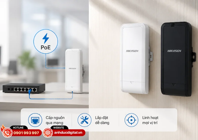 Bộ thu ph&aacute;t s&oacute;ng thang m&aacute;y Hikvision DS-3WF0EC-5ACT(B) hỗ trợ nguồn PoE 48V, lắp đặt linh hoạt