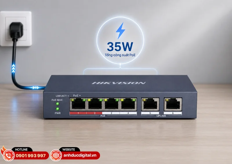 Hikvision DS-3E0106P-E/M hỗ trợ chuẩn IEEE 802.3af/at giúp cấp nguồn trực tiếp cho camera IP