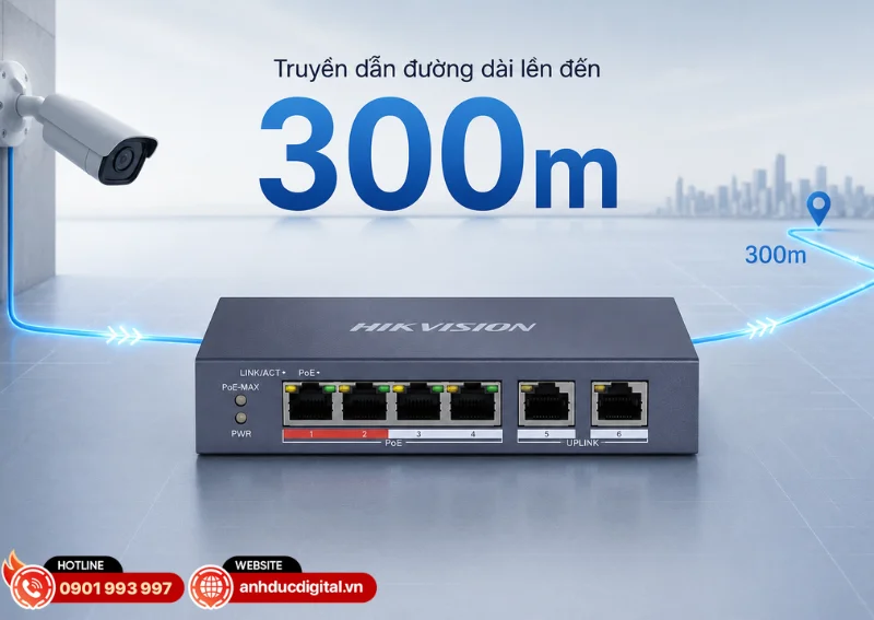 DS-3E0106P-E/M hỗ trợ chế độ Long Range cho phép truyền dữ liệu và cấp nguồn PoE