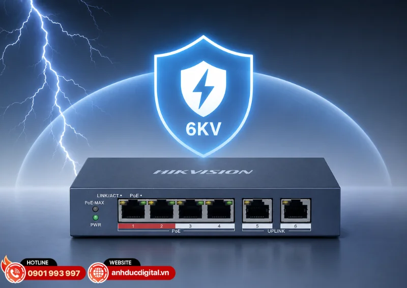 Switch Hikvision DS-3E0106P-E/M tích hợp chống sét 6KV cho các cổng PoE