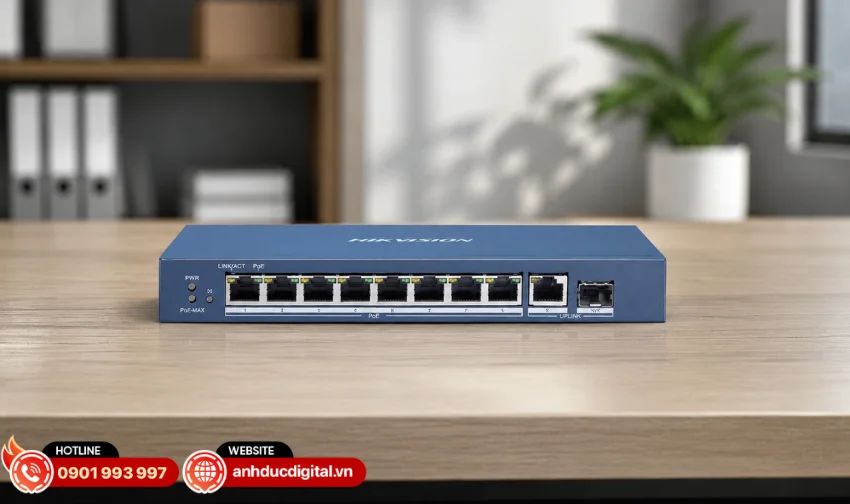Hikvision DS-3E0510P-E/M được trang bị 8 cổng PoE Gigabit RJ45 hỗ trợ tốc độ 10/100/1000Mbps