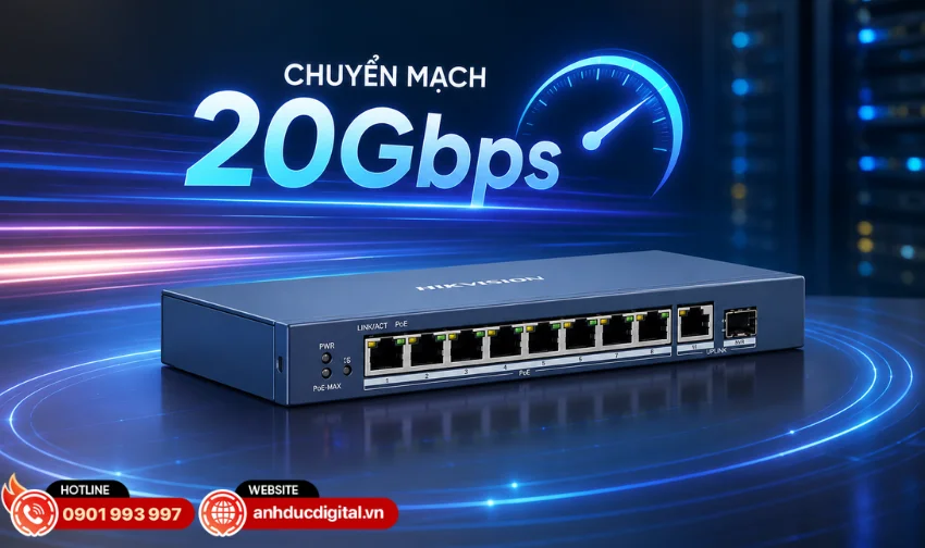 Switch PoE Hikvision 8 cổng Gigabit DS-3E0510P-E/M sở hữu khả năng chuyển mạch 20Gbps,
