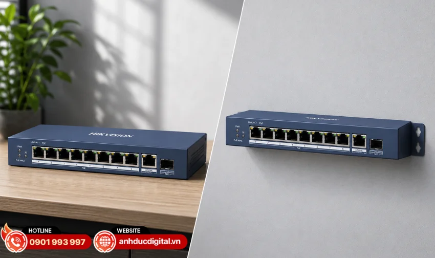 Switch Hikvision DS-3E0510P-E/M hỗ trợ đặt bàn hoặc treo tường