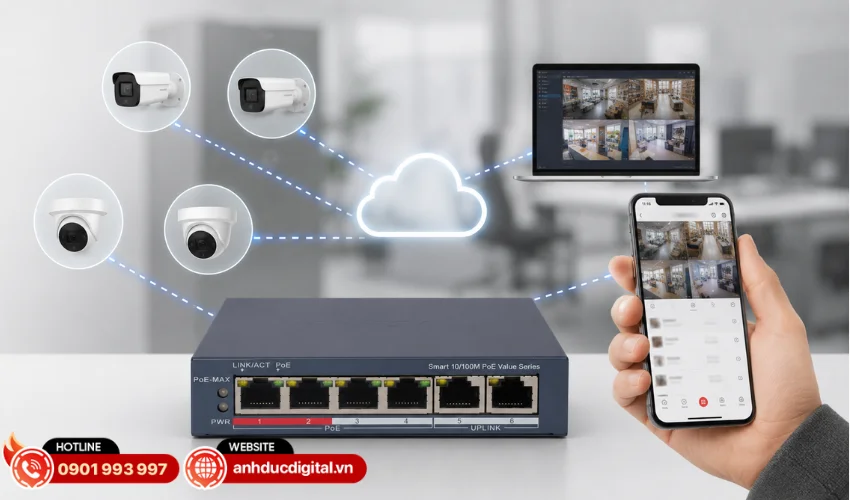 Switch PoE 4 ports quản l&yacute; qua Cloud