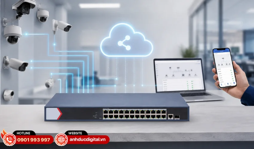 Switch mạng 24 cổng PoE Gigabit quản lý qua Cloud