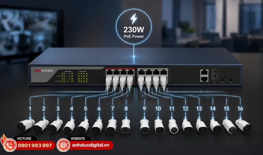 Trang bị 16 cổng PoE c&ocirc;ng suất 230W