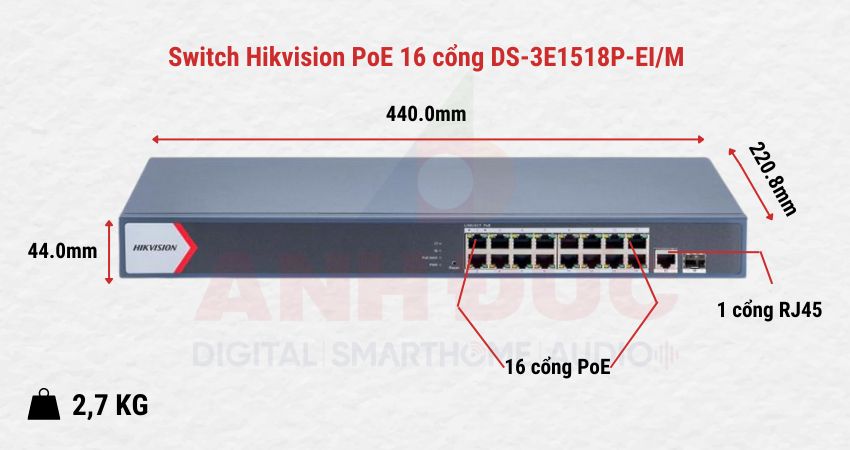 Switch Hikvision PoE 16 cổng DS-3E1518P-EI/M