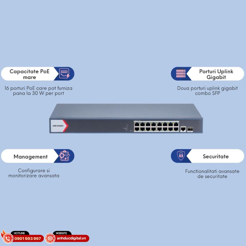 Switch Hikvision PoE 16 cổng DS-3E1518P-EI/M có cấu hình quản lý thông minh