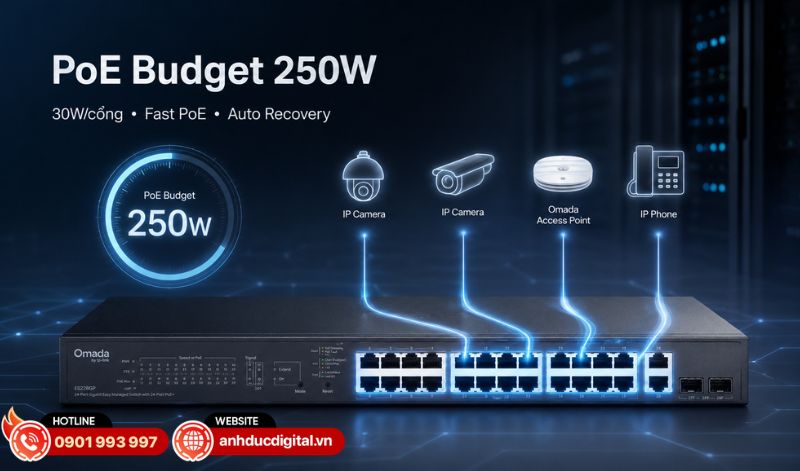 ES228GP sở hữu tổng ngân sách PoE lên đến 250W đáp ứng nhu cầu cấp nguồn cho nhiều thiết bị PoE cùng lúc