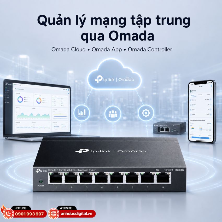 ES208G hỗ trợ quản l&yacute; tập trung th&ocirc;ng qua Omada Cloud, Omada App v&agrave; Omada Controller
