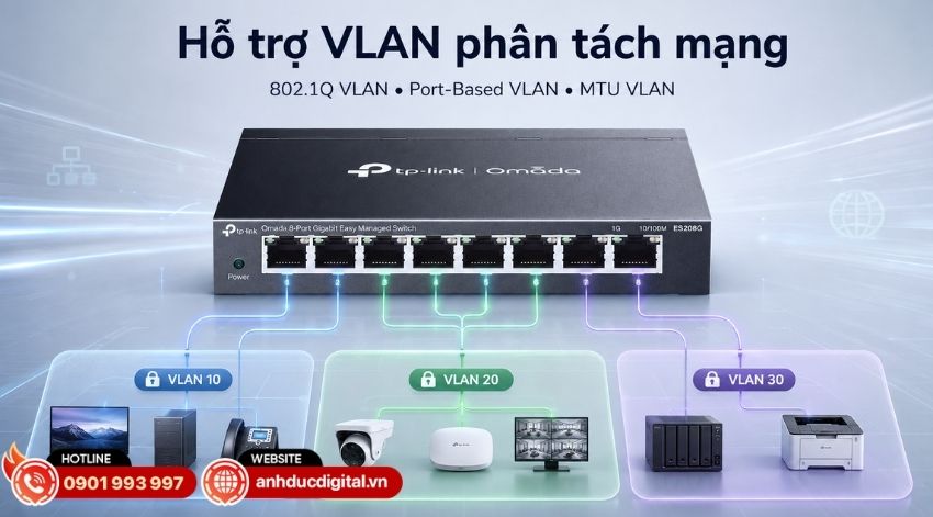 ES208G hỗ trợ nhiều phương thức VLAN gồm 802.1Q VLAN, Port-Based VLAN v&agrave; MTU VLAN