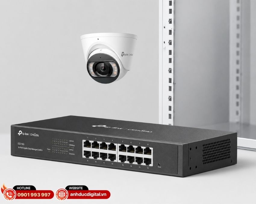 Switch TP-Link Omada ES216G được trang bị 16 cổng RJ45 Gigabit, hỗ trợ tốc độ 10/100/1000 Mbps