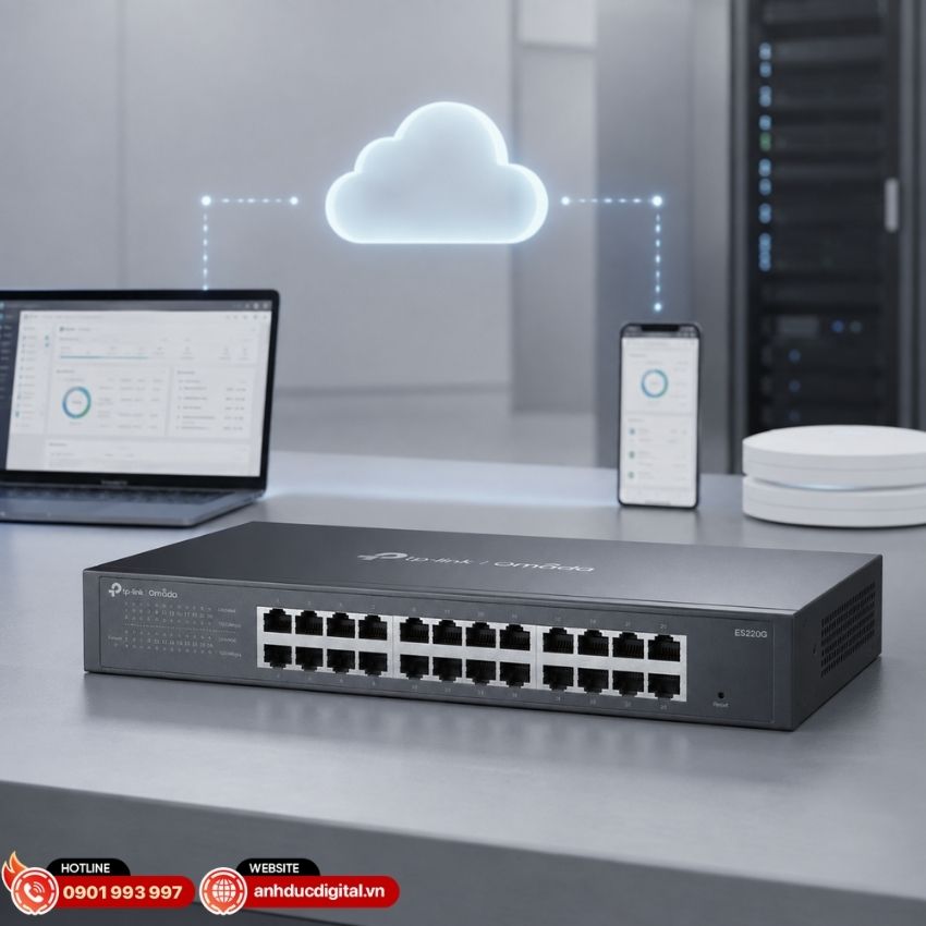 TP-Link Omada ES224G hỗ trợ quản l&yacute; tập trung th&ocirc;ng qua Omada Cloud-Based Controller, Hardware Controller v&agrave; Software Controller