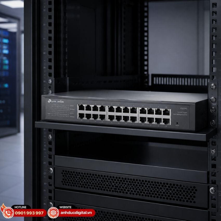 TP-Link Omada ES224G sử dụng thiết kế fanless, kh&ocirc;ng cần quạt l&agrave;m m&aacute;t