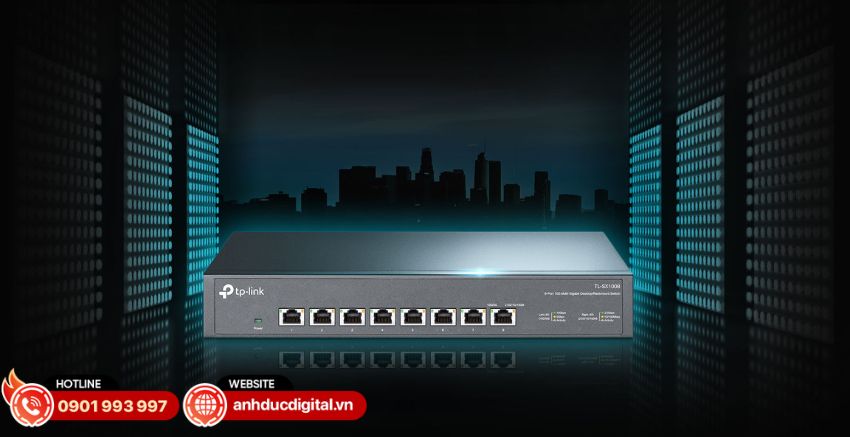 Switch TP-Link TL-SX1008 được trang bị 8 cổng RJ45 10G Multi-Gigabit