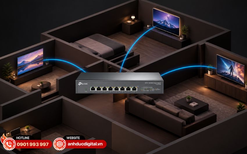 TL-SX1008 c&oacute; thể kết nối với c&aacute;c AP WiFi 6 hỗ trợ 2.5G/5G/10G v&agrave; truyền tải video 8K