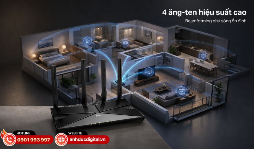 Trang bị 4 ăng-ten kết hợp Beamforming mở rộng v&ugrave;ng phủ s&oacute;ng