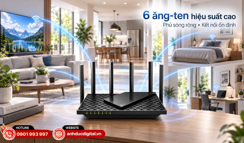 Trang bị 6 ăng-ten tăng cường phạm vi phủ s&oacute;ng Wi-Fi