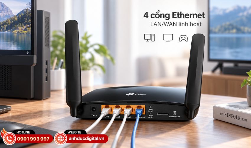 Hệ thống 4 cổng Ethernet đ&aacute;p ứng kết nối c&oacute; d&acirc;y cơ bản