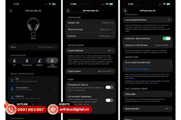 Menu cài đặt của tai nghe AirPods Max 2