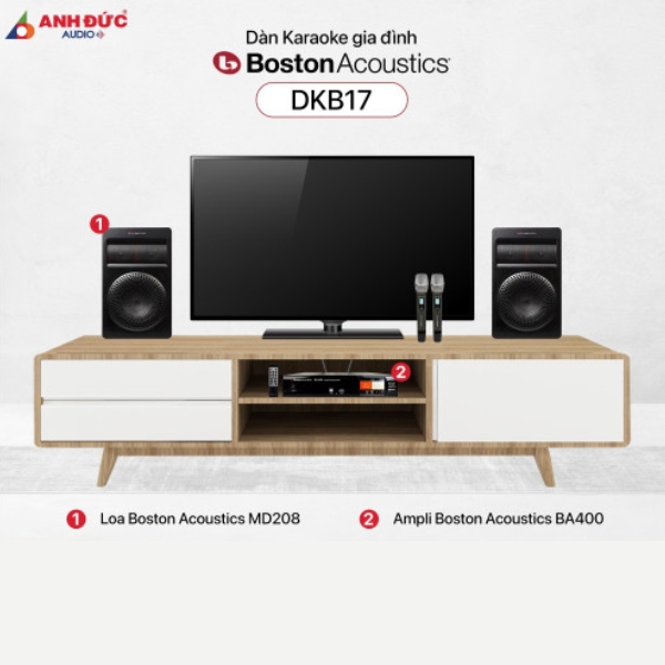 Boston DKB17 nổi bật với loa MD208 200W, amply DSP chống hú và khả năng kết nối đa dạng, phù hợp phòng 15–30m²