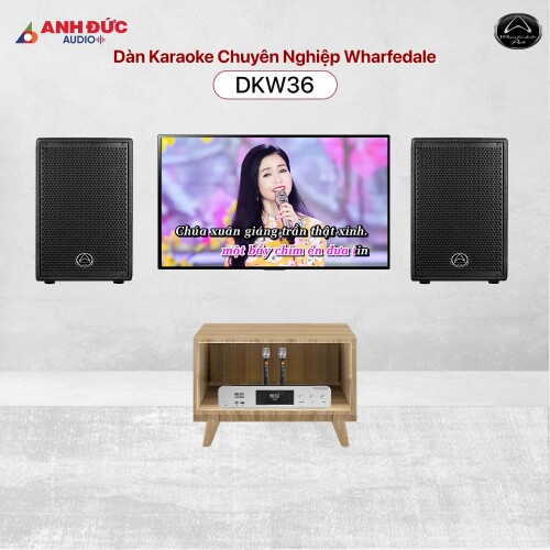 Dàn karaoke gia đình cao cấp Wharfedale DKW36 nổi bật với loa Delta X10 300W RMS, âm thanh mạnh mẽ và chi tiết cho phòng 20–35m²