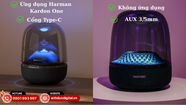 Aura Studio 5 hỗ trợ app Harman Kardon One và cổng USB-C còn Aura Studio 4 chỉ gồm LED đa màu và kết nối Bluetooth cơ bản
