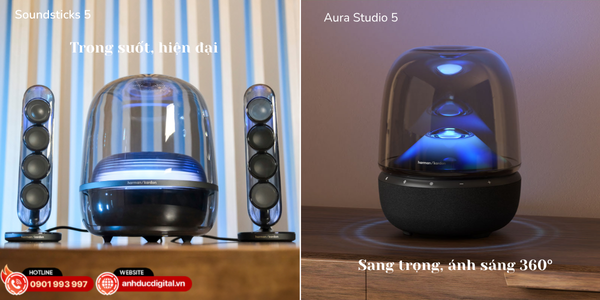 Harman Kardon SoundSticks 5 và Aura Studio 5 đều mang phong cách trong suốt đặc trưng, hiện đại và tinh tế