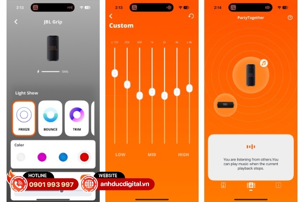 Người dùng có thể điều chỉnh hiệu ứng ánh sáng, EQ và ghép nối nhiều loa trên ứng dụng JBL Portable