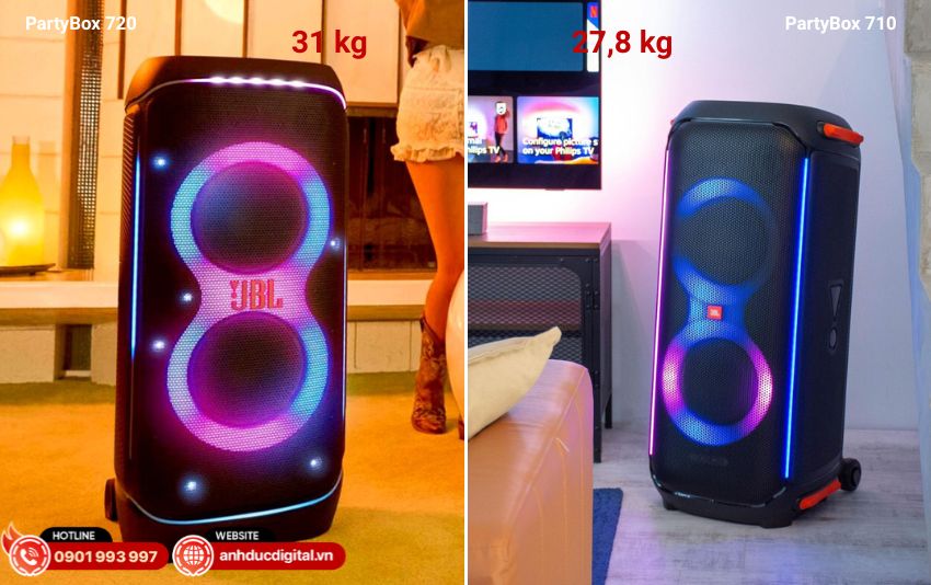So sánh thiết kế JBL PartyBox 710 và JBL PartyBox 720 với bánh xe, tay cầm và vật liệu bền bỉ, phù hợp di chuyển trong nhà và ngoài trời