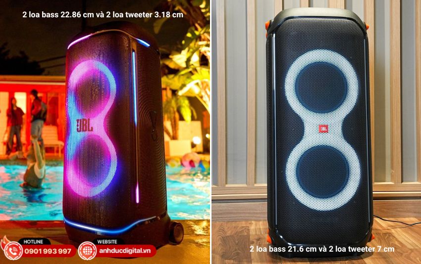 Công suất và hệ thống loa của JBL PartyBox 710 và JBL PartyBox 720, bao gồm loa bass và tweeter cho âm thanh mạnh mẽ
