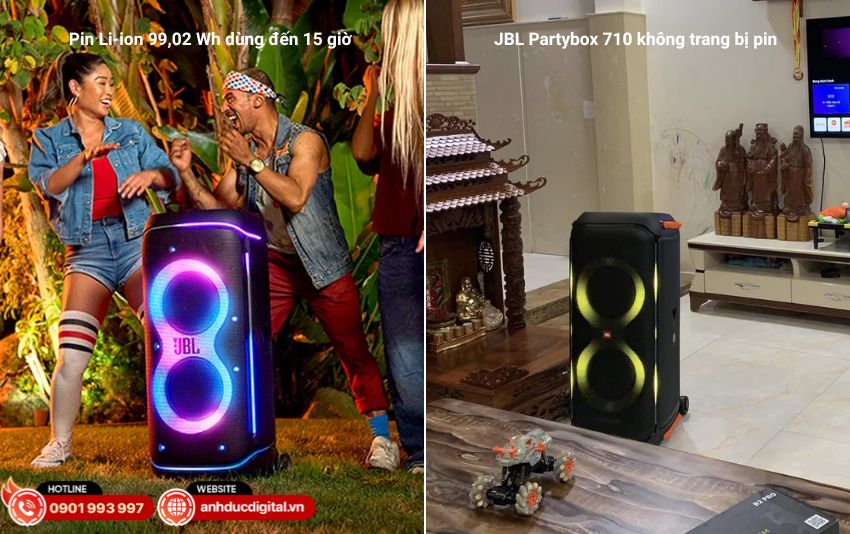 Thời lượng pin và khả năng sử dụng của JBL PartyBox 710 và JBL PartyBox 720, bao gồm pin tích hợp và sạc nhanh