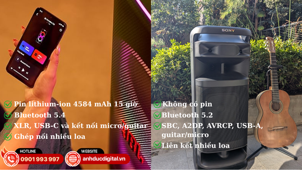 JBL PartyBox 720 có pin 15 giờ linh hoạt còn Sony ULT Tower 10 dùng nguồn AC ổn định, cả hai đều hỗ trợ kết nối đa dạng và điều khiển qua app