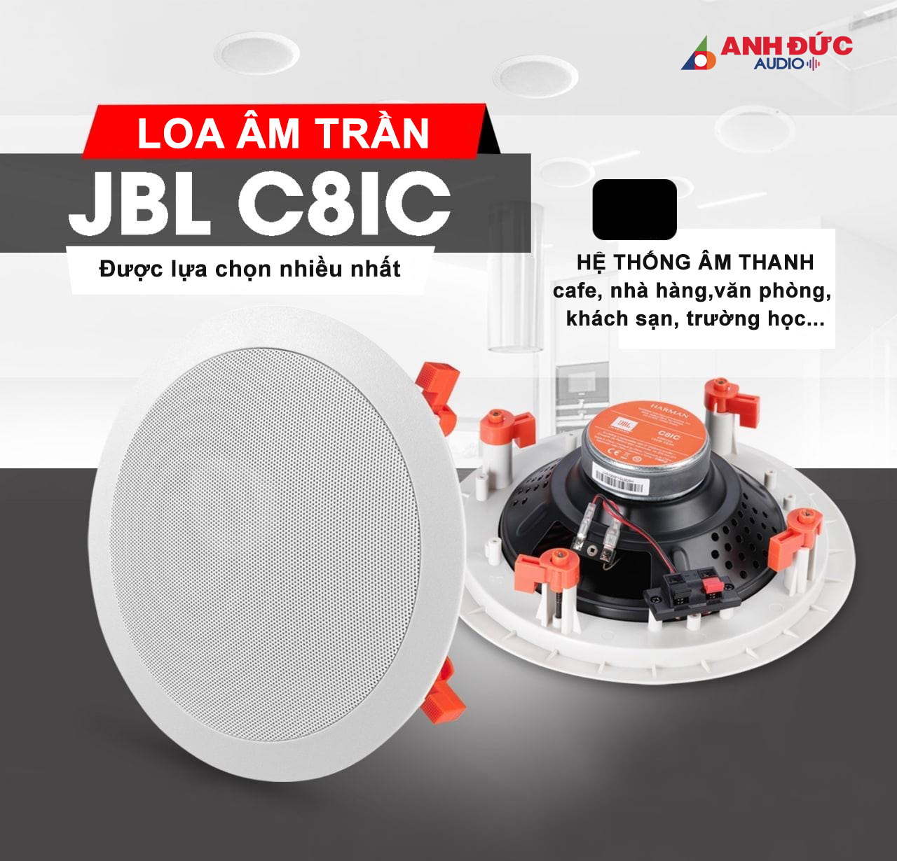 Loa âm trần JBL C-8IC với củ loa Woofer 203mm mang đến dải trầm uy lực cho các không gian nhà hàng, cafe sang trọng