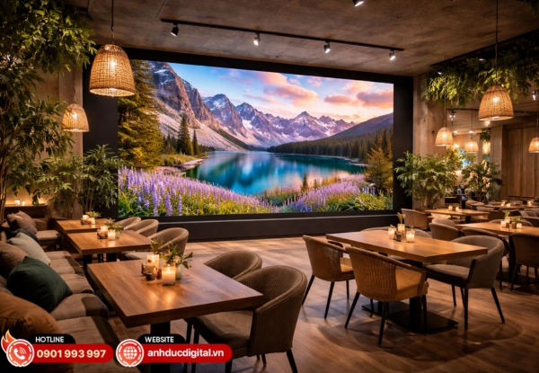 Màn hình LED tại nhà hàng và café mang đến không gian sống động, hình ảnh sắc nét, thu hút khách hàng và nâng tầm trải nghiệm ẩm thực