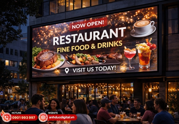 LED mặt tiền giúp nhà hàng gây ấn tượng mạnh và kéo khách ngay từ bên ngoài