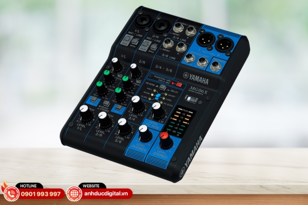 Yamaha MG06X là mixer karaoke 6 kênh nhỏ gọn tích hợp hiệu ứng SPX và preamp D-PRE, cho âm thanh trong trẻo, phù hợp karaoke gia đình và phòng thu mini