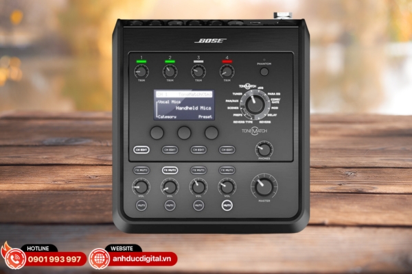 Bose ToneMatch T4S là mixer kỹ thuật số 4 kênh cao cấp, tích hợp DSP mạnh mẽ cho âm thanh biểu diễn và karaoke chuyên nghiệp
