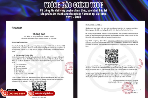 Anh Đức Audio – đại lý Yamaha chính hãng, bảo hành bảo trì chuẩn hãng.