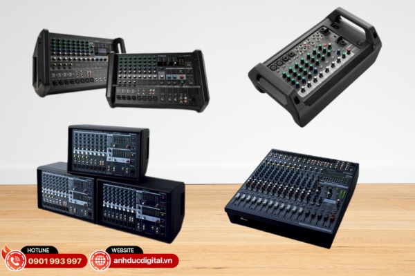 Mixer liền công suất Yamaha tích hợp ampli sẵn, lắp đặt gọn gàng và sử dụng tiện lợi.