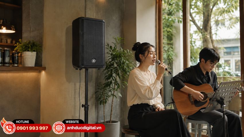 Yamaha DBR10 gọn nhẹ, phù hợp biểu diễn acoustic solo/duo cùng guitar hoặc keyboard
