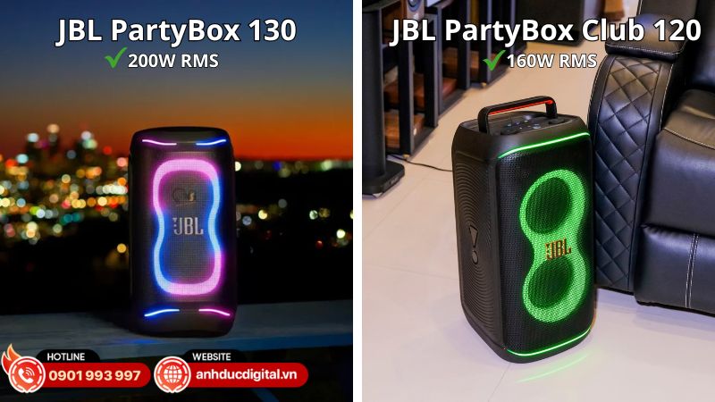 PartyBox 130 200W mạnh mẽ hơn, Smart EQ tối ưu âm thanh trong khi Club 120 đáp ứng tốt nhu cầu nghe nhạc và tiệc gia đình